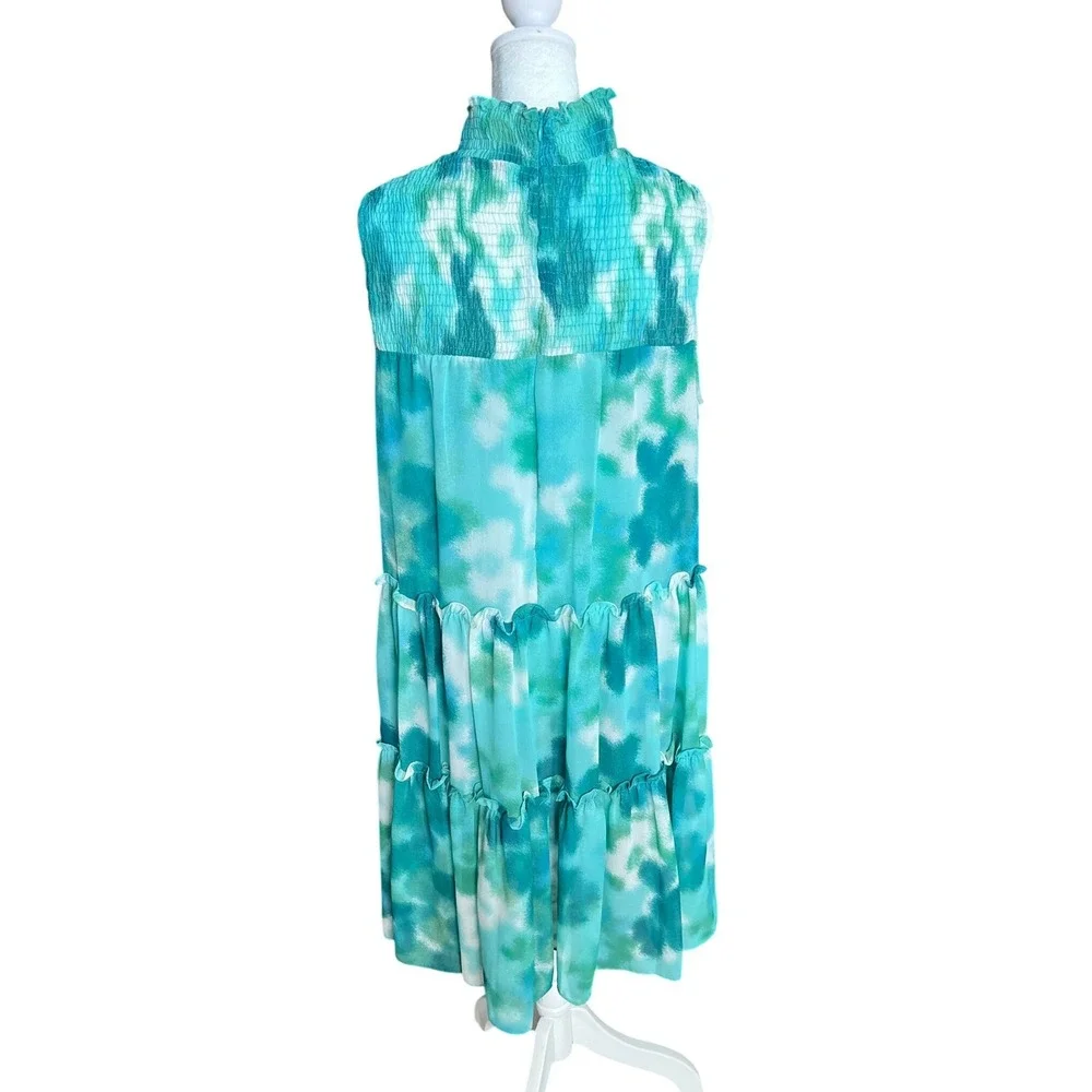 Taylor Women Green Blue Watercolor Smocked High Neck Tiered Dress 2937MY L NEW - Picture 2 of 7